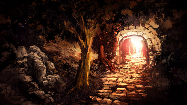 Обои картинки фото рисованное, живопись, ночь, свет, грот, деревья, пещера