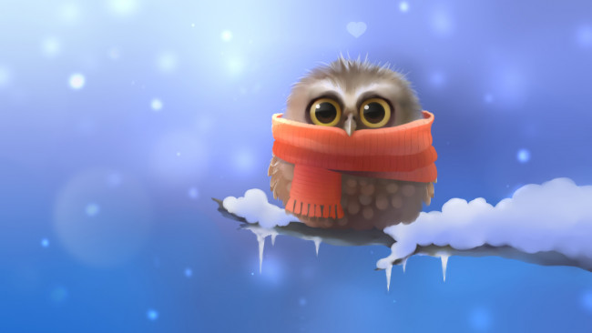 Обои картинки фото рисованное, животные, снег, птица, зима, ветка, сова, шарф, совёнок
