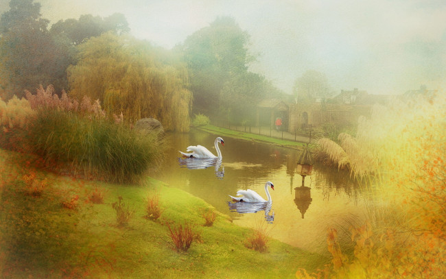 Обои картинки фото рисованное, живопись, мостик, дом, зелень, трава, речка, водоём, осень, белые, лебеди