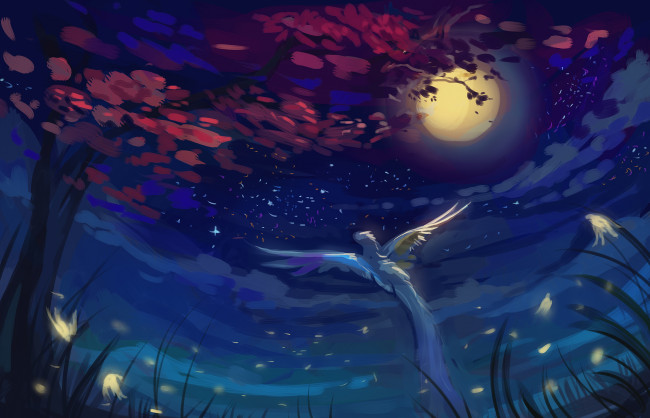 Обои картинки фото рисованное, животные, небо, ночь, дерево, взлетает, птица