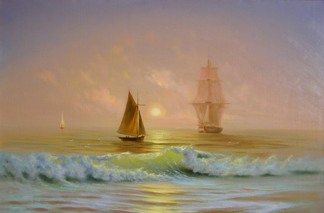 Обои картинки фото корабли, рисованные, море, волны, небо, солнце, лодки, яхты, парусники, чайки