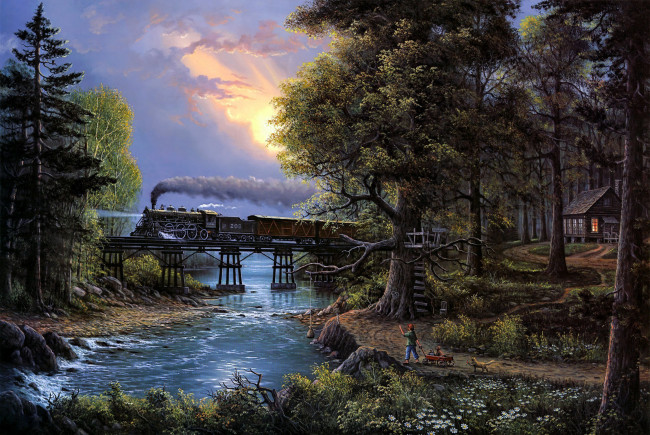 Обои картинки фото рисованное, природа, лес, река, мост, дом, люди, железная, дорога, поезд, деревья, небо