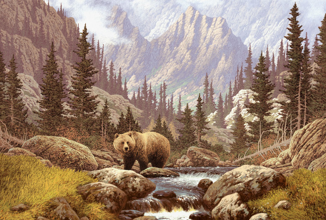 Обои картинки фото рисованное, животные, горы, река, медведь, бурый, лес, хищник