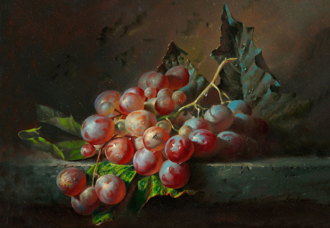 Обои картинки фото рисованное, еда, лежит, листва, спелые, ягоды, лоза, виноград, ветка