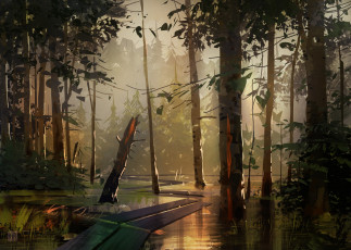 Картинка рисованное природа лес вода мостки
