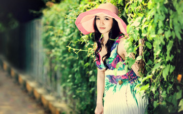 Картинка девушки -+азиатки шляпа сарафан кусты забор