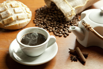 обоя еда, кофе, кофейные, зёрна, чайник, печенье, корица, чашка, кардамон, зерна, напиток