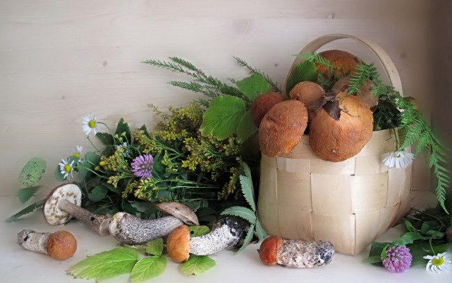 Обои картинки фото еда, грибы, грибные, блюда, туесок, полевые, цветы, подосиновики