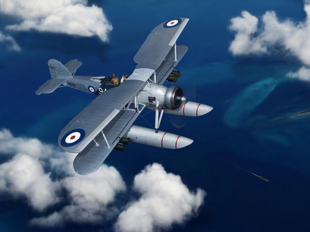 Обои картинки фото авиация, 3д, рисованые, graphic, бомбардировщик, ww2, гидросамолет, торпедоносец, британский, fairey, swordfish