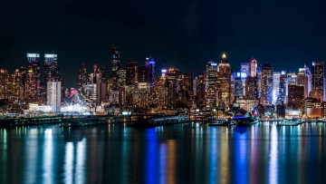 Картинка города нью-йорк+ сша new york дома мегаполис ночь огни река