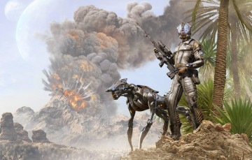 Картинка 3д+графика фантазия+ fantasy киборг взрыв планеты горы оружие робот