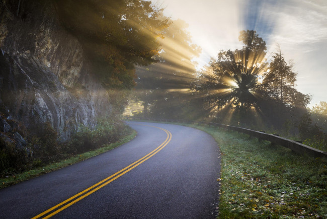 Обои картинки фото природа, дороги, дорога, скалы, утро, свет, лучи, деревья, дымка