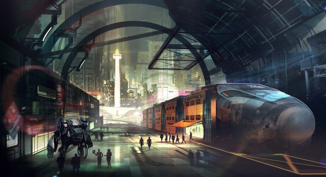 Обои картинки фото фэнтези, транспортные средства, робот, мегаполис, вокзал, поезд, будущее
