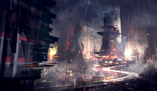 Обои картинки фото фэнтези, иные миры,  иные времена, дождь, ночь, мегаполис, будущее