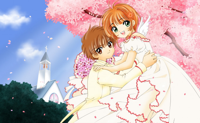 Обои картинки фото аниме, card captor sakura, взгляд, девушка, парень, фон