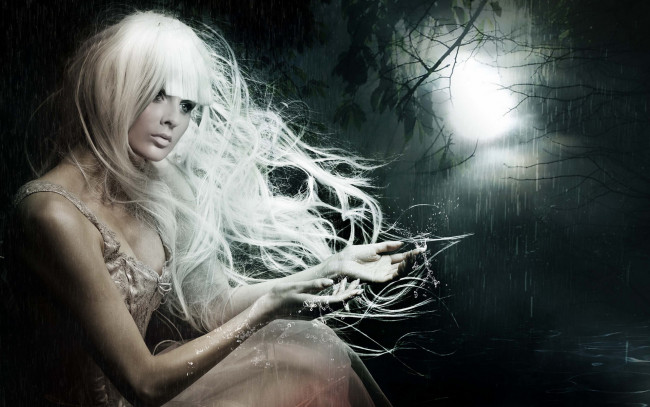 Обои картинки фото фэнтези, фотоарт, девушка, призрак, мёртвая, бледная, белые, волосы, привидение, ночь