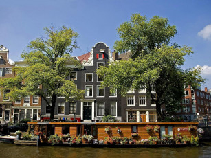 обоя города, амстердам , нидерланды, цветники, баржа, канал