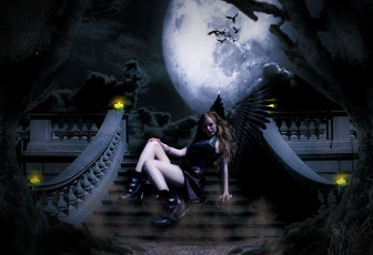 обоя фэнтези, ангелы, девушка, фон, взгляд, крылья, луна, лестница