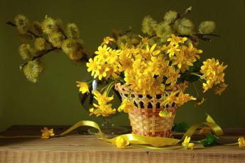 Картинка цветы букеты +композиции весна первоцвет корзина верба