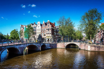 обоя города, амстердам , нидерланды, канал, мосты