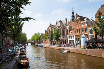 обоя города, амстердам , нидерланды, велосипеды, лодки, мост, канал