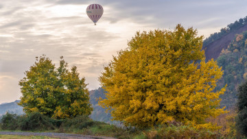 обоя авиация, воздушные шары, осень, поле, деревья, дорога, закат