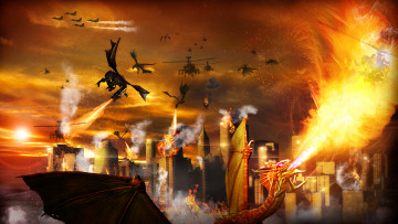 Картинка фэнтези драконы город вертолет фон огонь