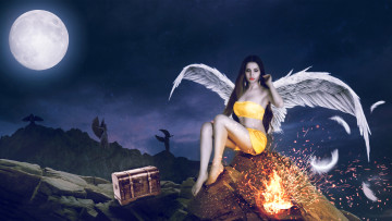 Картинка фэнтези фотоарт девушка крылья фон сундук луна