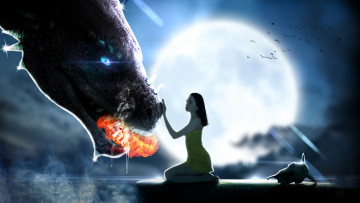Картинка фэнтези красавицы+и+чудовища девушка луна дракон фон
