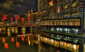 обоя города, амстердам , нидерланды, канал, ночь