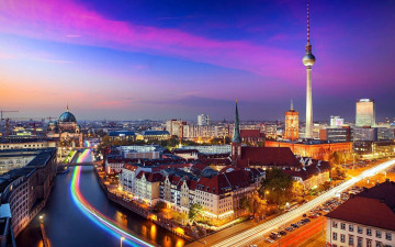 обоя города, берлин , германия, вечер, панорама, телевышка, мосты, река