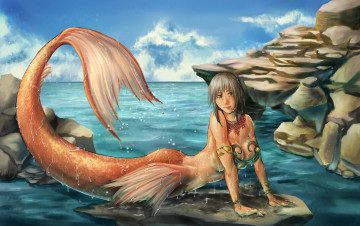 Картинка фэнтези русалки девушка фон взгляд хвост море