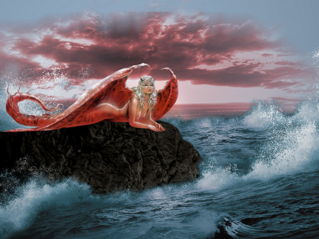 Обои картинки фото фэнтези, _luis royo, девушка, фон, взгляд, море, камень, крылья