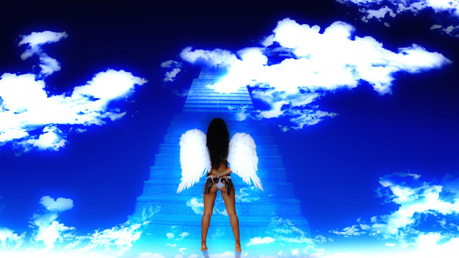 Обои картинки фото фэнтези, ангелы, девушка, пистолет, лестница, фон, крылья, облака