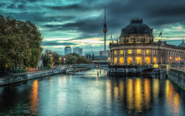 Обои картинки фото города, берлин , германия, собор, вечер, мост, река
