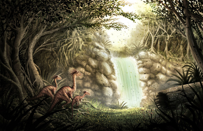 Обои картинки фото рисованное, животные,  доисторические, динозавры, водопад, джунгли, лес