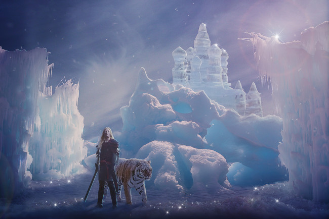 Обои картинки фото фэнтези, фотоарт, девушка, фон, кольчуга, меч, тигр, снег, лёд