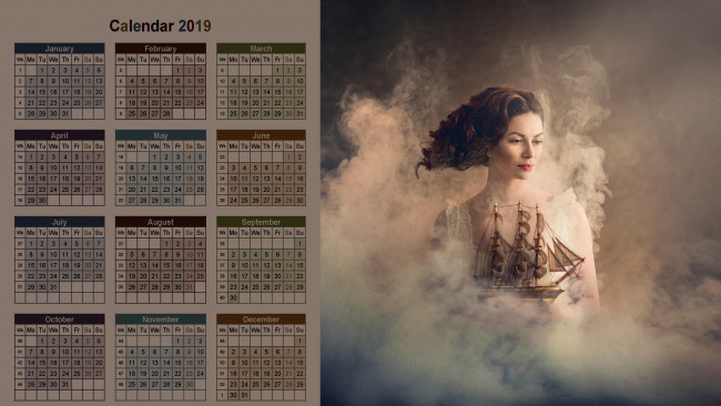 Обои картинки фото календари, компьютерный дизайн, девушка, парусник, дым