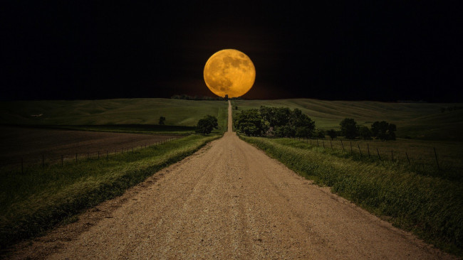 Обои картинки фото природа, дороги, луна, проселочная, дорога, ночь