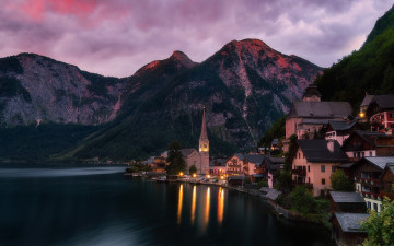 Картинка города гальштат+ австрия горы озеро ночь огни