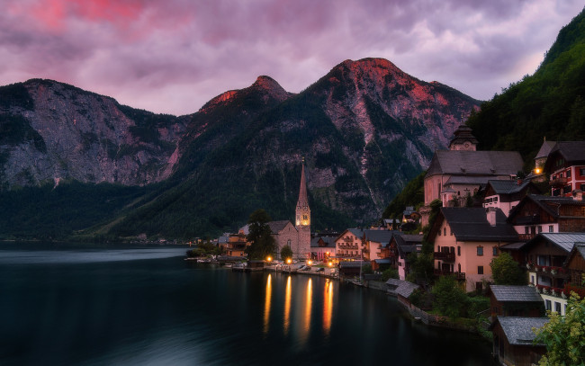 Обои картинки фото города, гальштат , австрия, горы, озеро, ночь, огни