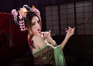 Картинка девушки -+азиатки украшения тату кимоно трубка