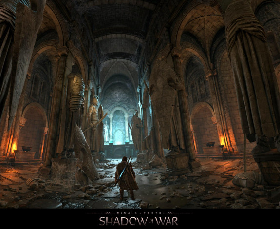 Обои картинки фото видео игры, middle-earth,  shadow of war, человек, мечи, статуи, развалины, замок