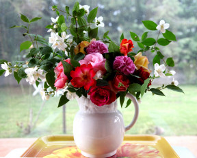 Картинка цветы букеты композиции кувшин жасмин розы