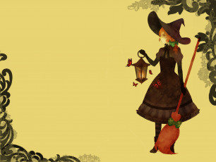 Картинка аниме halloween magic девушка ведьма метла шляпа фонарь бабочки