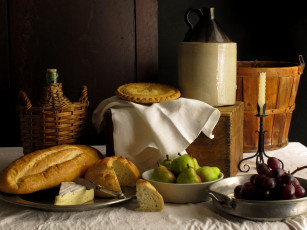 Картинка еда натюрморт сыр бутылки корзины вино груши виноград хлеб