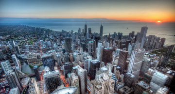 обоя chicago, города, Чикаго, сша, небоскрёбы, здания, панорама, побережье, закат