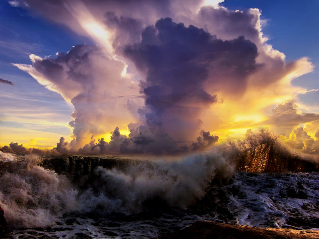 Обои картинки фото природа, стихия, море, облака, волна, закат