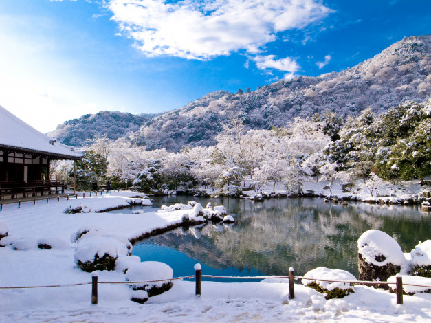 Обои картинки фото tenryu, ji, temple, kyoto, природа, пейзажи, tenryu-ji, пруд, зима, снег