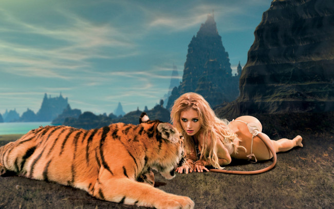Обои картинки фото фэнтези, красавицы, чудовища, тигр, девушка, кристина, асмус